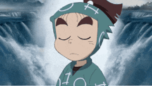 a cartoon character with his eyes closed has the letter o on his sleeve
