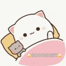 a cartoon cat is laying in a bed with a gray cat .