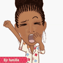 a cartoon drawing of a woman yawning with the words bjr famille below her
