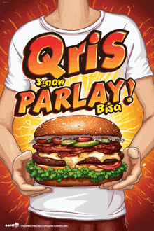 a cartoon of a man holding a hamburger that says qris parlay
