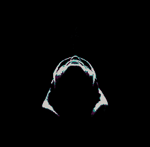a black and white image of a person looking up in a circle with the number 444 on it .