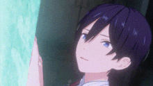 a close up of a person with purple hair and blue eyes looking out of a window .