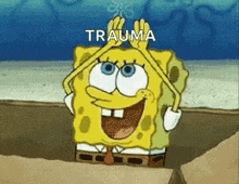 a cartoon of spongebob with the word trauma written on it