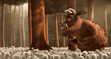 a cartoon character standing in a field of dandelions in a forest