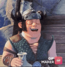 a cartoon character is smiling and holding a vase while using a gif maker app