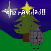 a drawing of a cat holding a gift next to a christmas tree with the words feliz navidad written above it