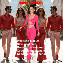 a woman in a pink outfit is surrounded by men in red shirts and pink pants