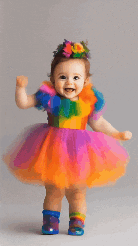 a baby girl wearing a colorful dress and a flower crown