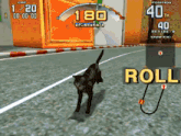a cat is walking on a road in a video game with the word roll in the foreground
