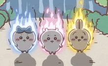 three cartoon characters with flames coming out of their heads are standing next to each other .