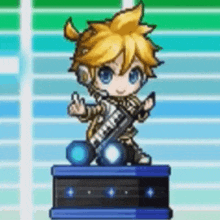 a cartoon character is standing on top of a box holding a keyboard and giving a middle finger .