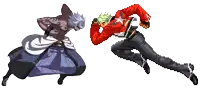 a pixel art drawing of a man in a red jacket fighting another man