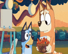 two cartoon dogs are standing next to each other and one is holding a basket of strawberries