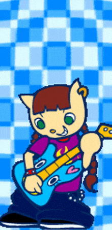a cartoon character is holding a blue guitar