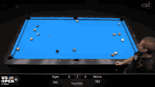 a pool table with the us open written on it