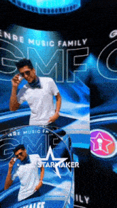 a man in a white shirt stands in front of a sign that says smf star maker