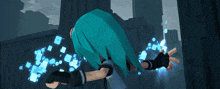 a cartoon character with blue hair and gloves is flying through the air