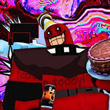 a cartoon character is wearing a party hat and holding a can of soda and a cake .