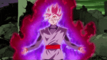 a cartoon character with pink hair and a red belt is surrounded by purple flames .