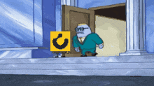 a cartoon character is standing in front of a door with a yellow box with a horseshoe on it