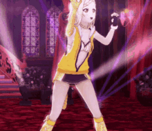 a girl in a yellow top and shorts is dancing in a room