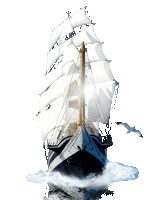 a sailboat with a few seagulls flying around it 's mast