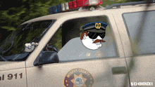 a murphy county police car with a cartoon character driving it