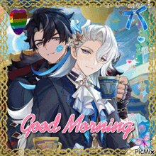 a picture of two anime characters with the words good morning written on it