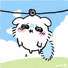 a cartoon drawing of a cat hanging on a clothesline