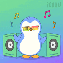 a penguin wearing sunglasses is standing in front of a pair of speakers with the word pengu above it