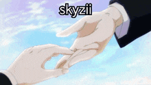 a close up of a person 's eye with the word skyzii written above it