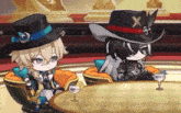 a couple of anime characters sitting at a table with wine glasses .