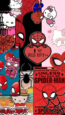 a collage of hello kitty and spider-man stickers