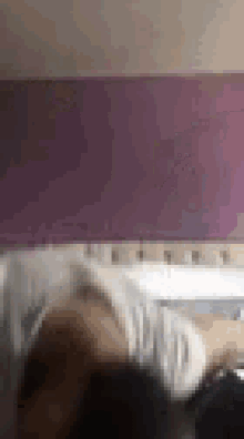 a blurry picture of a person sitting on a couch in a living room with a purple wall .