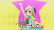 a girl in a blue dress and headphones is dancing on a pink and yellow background