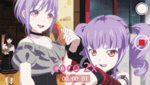 two anime girls are standing next to each other with the words coco 2x on the bottom