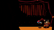 a pixel art drawing of a stage with a curtain and a monster on it