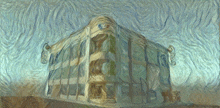 a painting of a building with a sign that says ' rbc ' on it