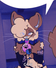 a cartoon of a cat holding a cell phone with ggh written on the bottom