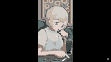 a pixel art of a girl sitting at a table with a drink in her hand
