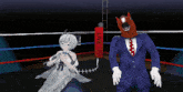 a man in a suit with a horse head is dancing with a woman