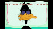 a cartoon of a duck laying on a bed with the words duck tryna sleep after toad leaves