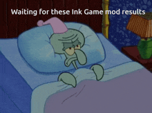 squidward from spongebob is laying in bed with a pink hat on