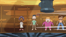 a group of cartoon characters are standing in a room with a large object behind them
