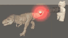 a teddy bear is holding a gun next to a dinosaur with a red light coming out of its tail
