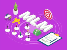 an isometric illustration of a group of people standing around the word mln