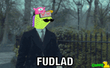 a man in a suit and tie has a monster on his head and the word fudlad on the bottom right