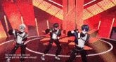 three anime characters are dancing on a stage with the words no one can stop me now on the bottom