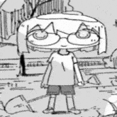a black and white drawing of a person with glasses