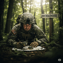 a soldier is looking at a map in front of a sign that says " join roadhouse 3 "
